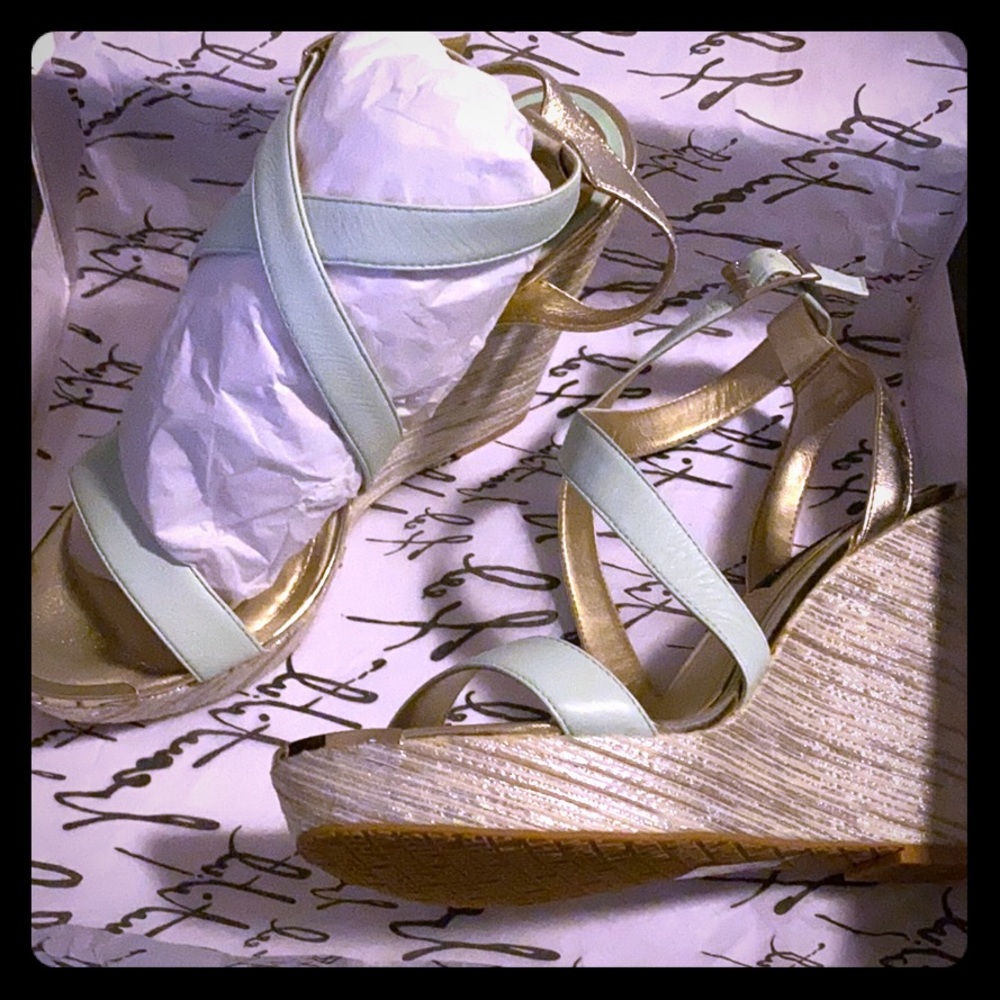 White House black market mint green wedge heels